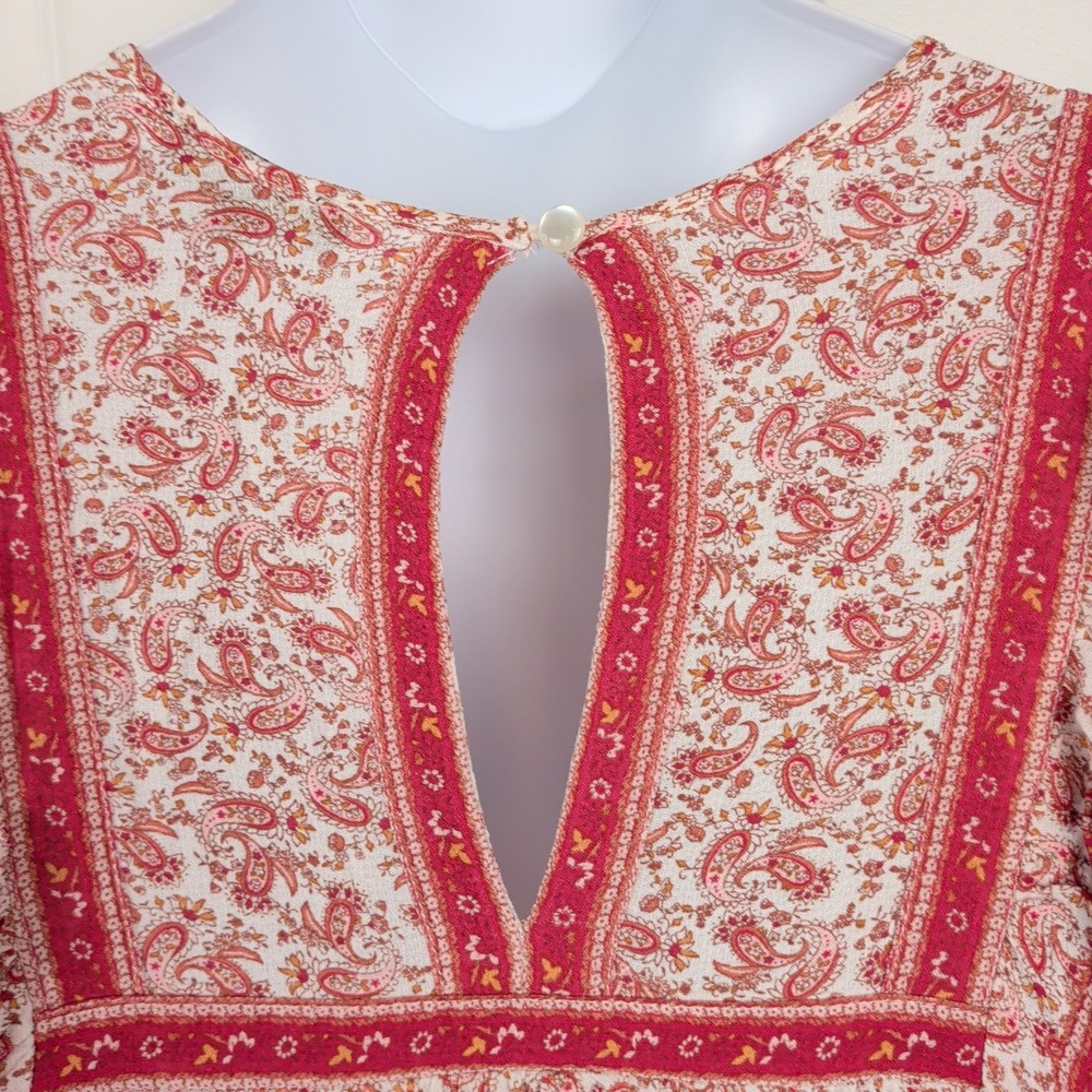 Romantic Red Paisley Peasant Blouse Top Boho Tassel Keyhole Puff Sleeve Sz Small - Picture 6 of 9